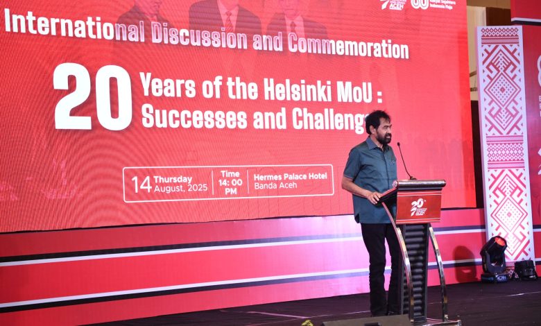 Gubernur Aceh, Muzakir Manaf, Memberi sambutan sekaligus membuka secara resmi International Discussion and commemoration 20 year of the helsinki MoU di Banda Aceh, Kamis, 14/08/2025